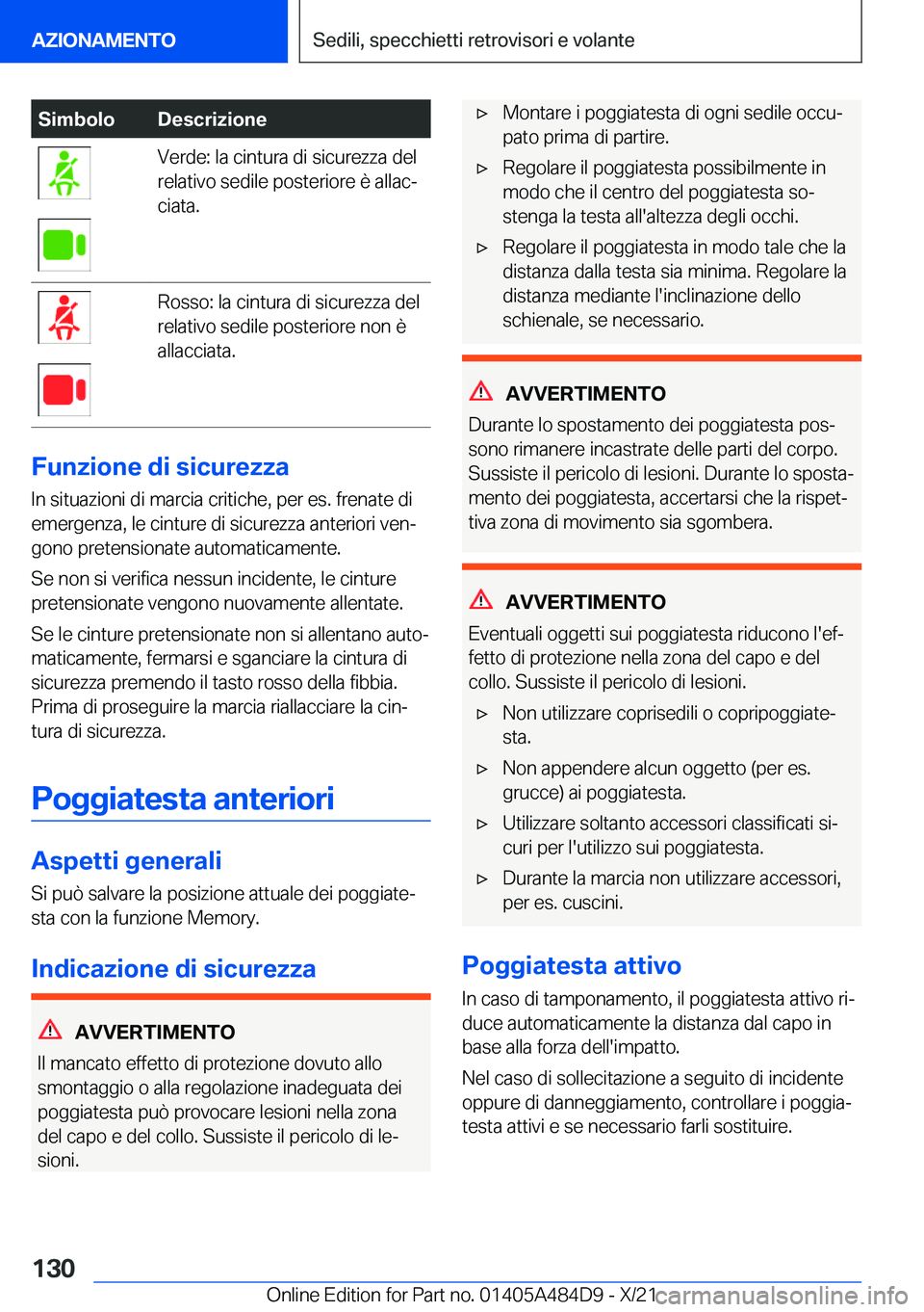 BMW 7 SERIES 2022  Libretti Di Uso E manutenzione (in Italian) �S�i�m�b�o�l�o�D�e�s�c�r�i�z�i�o�n�e�V�e�r�d�e�:��l�a��c�i�n�t�u�r�a��d�i��s�i�c�u�r�e�z�z�a��d�e�l
�r�e�l�a�t�i�v�o��s�e�d�i�l�e��p�o�s�t�e�r�i�o�r�e��è��a�l�l�a�cª
�c�i�a�t�a�.�R�o�s�s�o