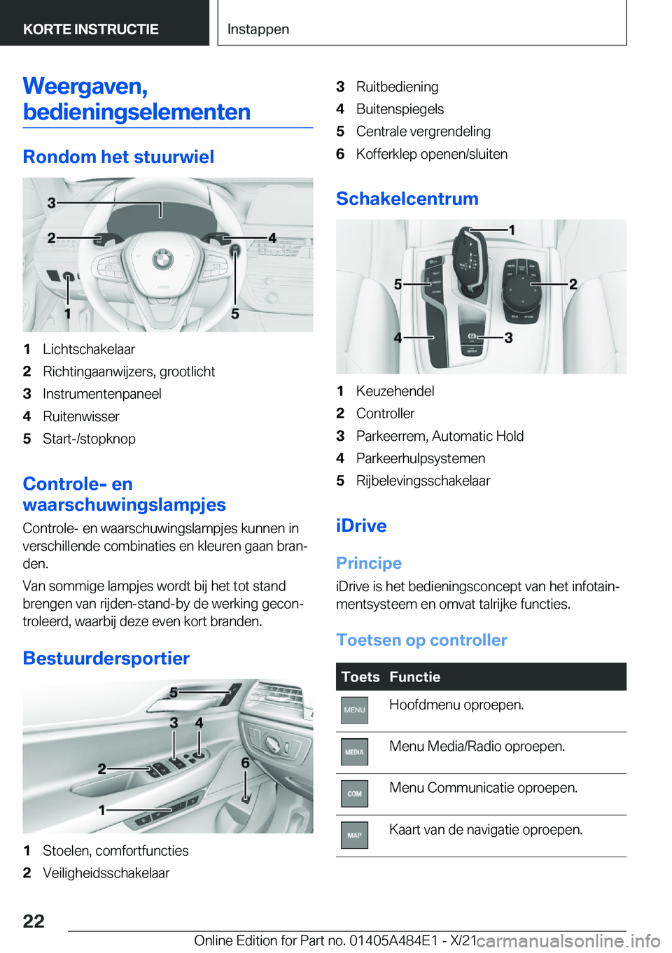 BMW 7 SERIES 2022  Instructieboekjes (in Dutch) �W�e�e�r�g�a�v�e�n�,�b�e�d�i�e�n�i�n�g�s�e�l�e�m�e�n�t�e�n
�R�o�n�d�o�m��h�e�t��s�t�u�u�r�w�i�e�l
�1�L�i�c�h�t�s�c�h�a�k�e�l�a�a�r�2�R�i�c�h�t�i�n�g�a�a�n�w�i�j�z�e�r�s�,��g�r�o�o�t�l�i�c�h�t�3�I�n