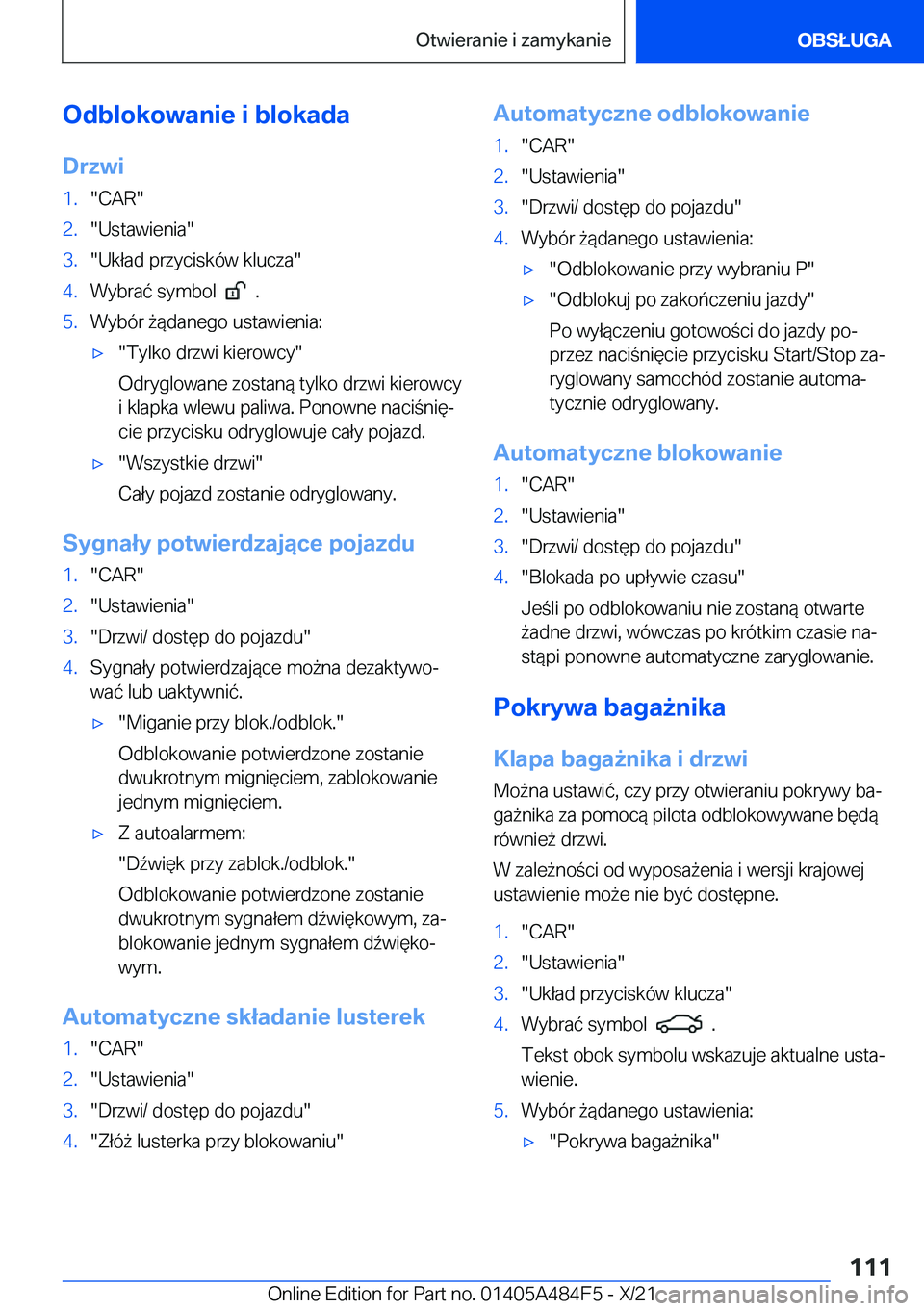 BMW 7 SERIES 2022  Instrukcja obsługi (in Polish) �O�d�b�l�o�k�o�w�a�n�i�e��i��b�l�o�k�a�d�a�D�r�z�w�i�1�.��C�A�R��2�.��U�s�t�a�w�i�e�n�i�a��3�.��U�k�ł�a�d��p�r�z�y�c�i�s�k�