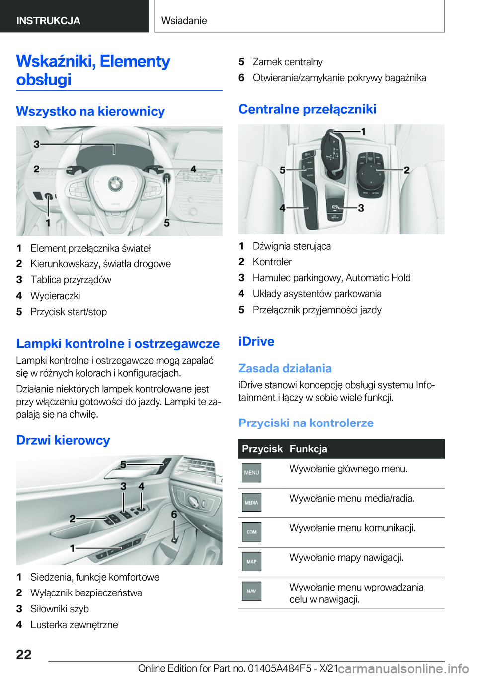 BMW 7 SERIES 2022  Instrukcja obsługi (in Polish) �W�s�k�a7�n�i�k�i�,��E�l�e�m�e�n�t�y�o�b�s�ł�u�g�i
�W�s�z�y�s�t�k�o��n�a��k�i�e�r�o�w�n�i�c�y
�1�E�l�e�m�e�n�t��p�r�z�e�ł�