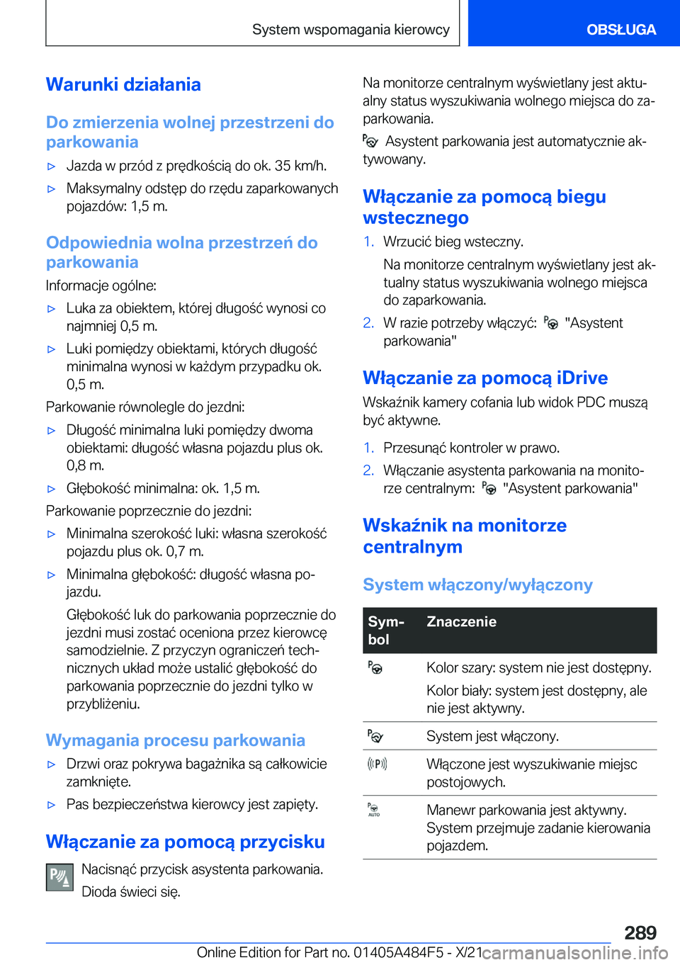 BMW 7 SERIES 2022  Instrukcja obsługi (in Polish) �W�a�r�u�n�k�i��d�z�i�a�ł�a�n�i�a�D�o��z�m�i�e�r�z�e�n�i�a��w�o�l�n�e�j��p�r�z�e�s�t�r�z�e�n�i��d�o
�p�a�r�k�o�w�a�n�i�a'x�J�a�z�d�a��w��p�r�z�