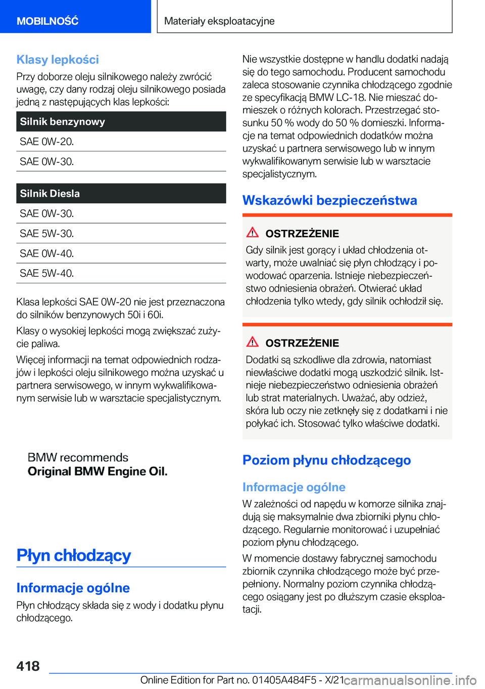 BMW 7 SERIES 2022  Instrukcja obsługi (in Polish) �K�l�a�s�y��l�e�p�k�o�c�i�P�r�z�y��d�o�b�o�r�z�e��o�l�e�j�u��s�i�l�n�i�k�o�w�e�g�o��n�a�l�e9�y��z�w�r�