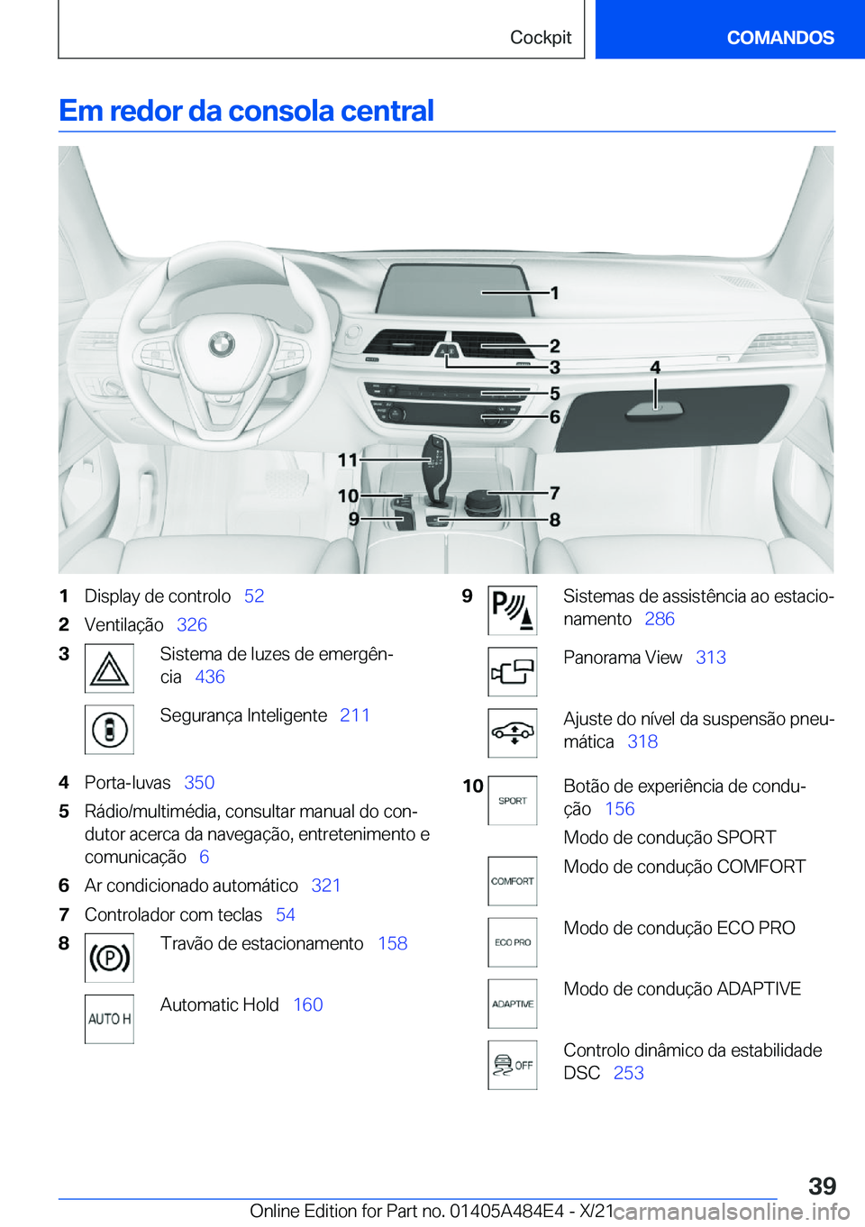 BMW 7 SERIES 2022  Manual do condutor (in Portuguese) �E�m��r�e�d�o�r��d�a��c�o�n�s�o�l�a��c�e�n�t�r�a�l�1�D�i�s�p�l�a�y��d�e��c�o�n�t�r�o�l�o\_�5�2�2�V�e�n�t�i�l�a�