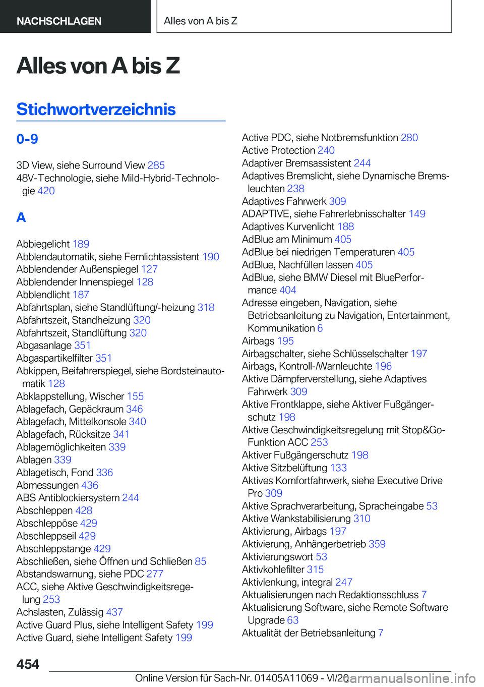 BMW 7 SERIES 2021  Betriebsanleitungen (in German) �A�l�l�e�s��v�o�n��A��b�i�s��Z
�S�t�i�c�h�w�o�r�t�v�e�r�z�e�i�c�h�n�i�s�0�-�9 �3�D��V�i�e�w�,��s�i�e�h�e��S�u�r�r�o�u�n�d��V�i�e�w� �2�8�5�
�4�8�V�-�T�e�c�h�n�o�l�o�g�i�e�,��s�i�e�h�e��M�i