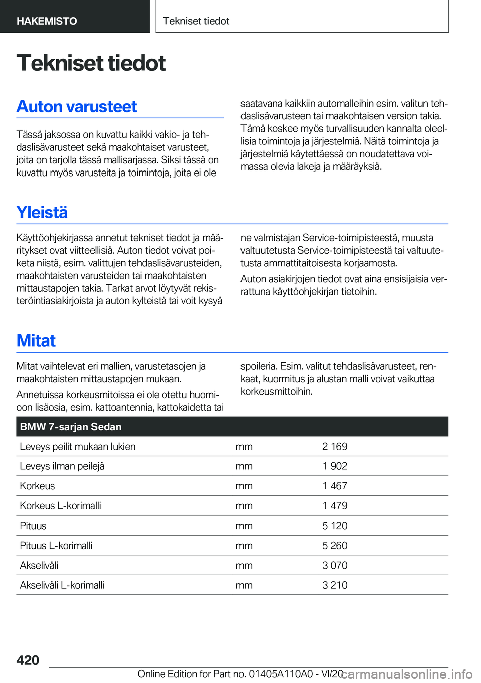 BMW 7 SERIES 2021  Omistajan Käsikirja (in Finnish)  T e k n i s e t  t i e d o t A u t o n  v a r u s t e e t
 T 