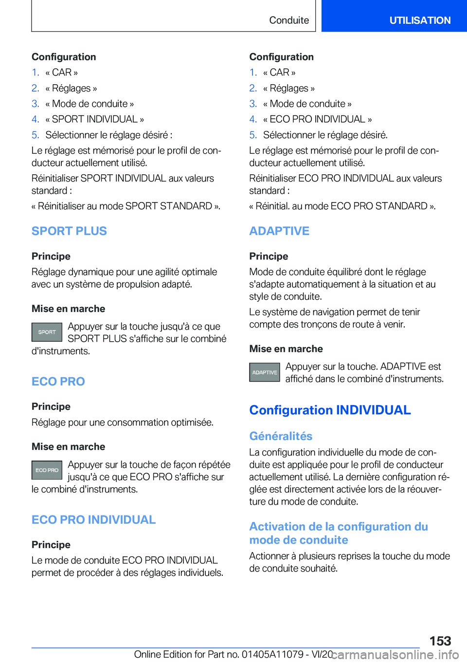 BMW 7 SERIES 2021  Notices Demploi (in French) �C�o�n�f�i�g�u�r�a�t�i�o�n�1�.�k��C�A�R��{�2�.�k��R�é�g�l�a�g�e�s��{�3�.�k��M�o�d�e��d�e��c�o�n�d�u�i�t�e��{�4�.�k��S�P�O�R�T��I�N�D�I�V�I�D�U�A�L��{�5�.�S�é�l�e�c�t�i�o�n�n�e�r��l�e��r