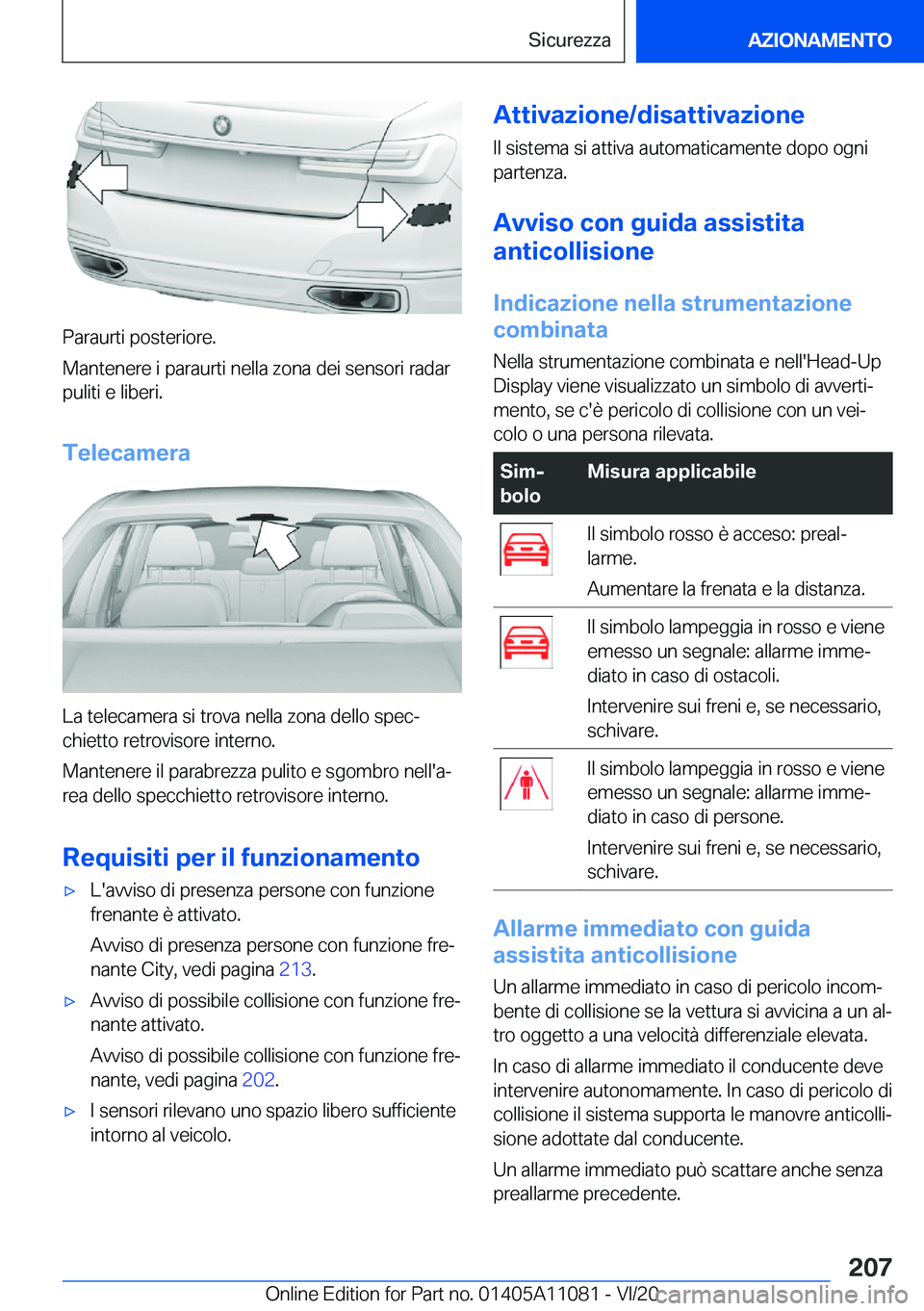 BMW 7 SERIES 2021  Libretti Di Uso E manutenzione (in Italian) �P�a�r�a�u�r�t�i��p�o�s�t�e�r�i�o�r�e�.
�M�a�n�t�e�n�e�r�e��i��p�a�r�a�u�r�t�i��n�e�l�l�a��z�o�n�a��d�e�i��s�e�n�s�o�r�i��r�a�d�a�r �p�u�l�i�t�i��e��l�i�b�e�r�i�.
�T�e�l�e�c�a�m�e�r�a
�L�a�