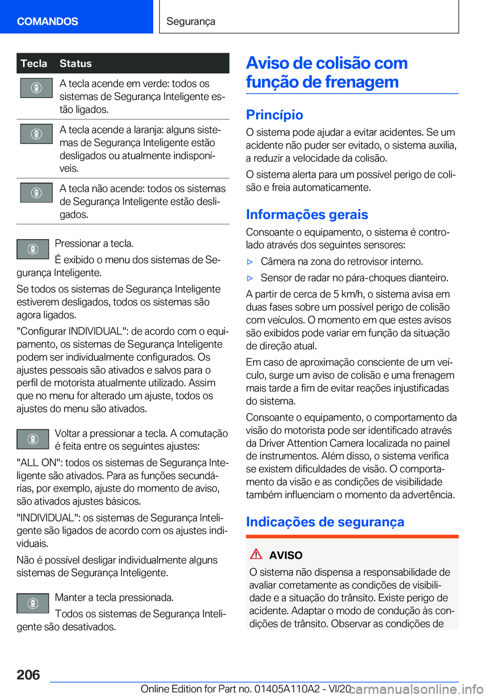 BMW 7 SERIES 2021  Manual do condutor (in Portuguese) �T�e�c�l�a�S�t�a�t�u�s�A��t�e�c�l�a��a�c�e�n�d�e��e�m��v�e�r�d�e�:��t�o�d�o�s��o�s
�s�i�s�t�e�m�a�s��d�e��S�e�g�u�r�a�n�