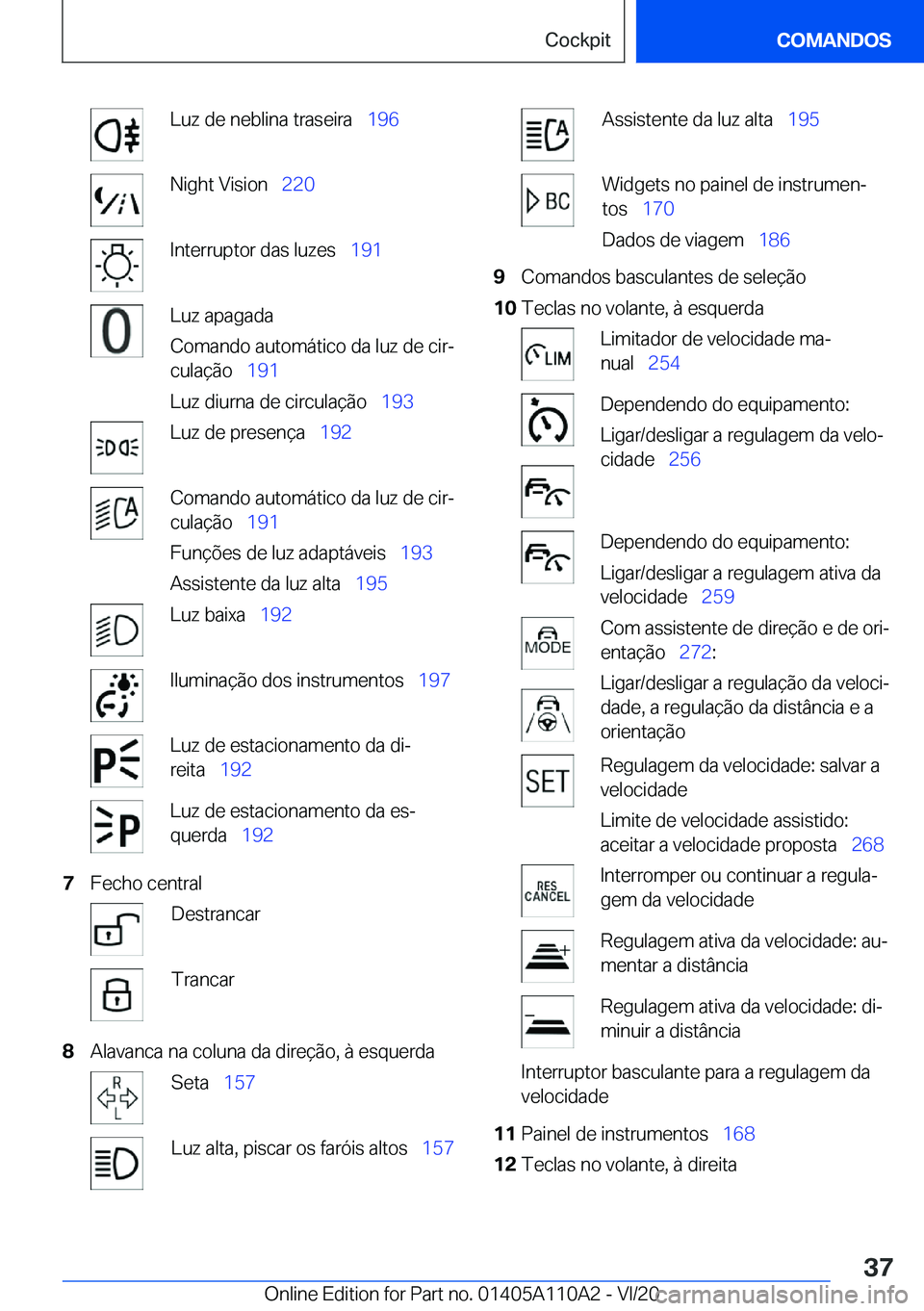 BMW 7 SERIES 2021  Manual do condutor (in Portuguese) �L�u�z��d�e��n�e�b�l�i�n�a��t�r�a�s�e�i�r�a\_�1�9�6�N�i�g�h�t��V�i�s�i�o�n\_�2�2�0�I�n�t�e�r�r�u�p�t�o�r��d�a�s��l�u�z�e�s\_ �1�9�1�L�u�z��a�p�a�g�a�d�a
�C�o�m�a�n�d�o��a�u�t�o�m�á�t�i�