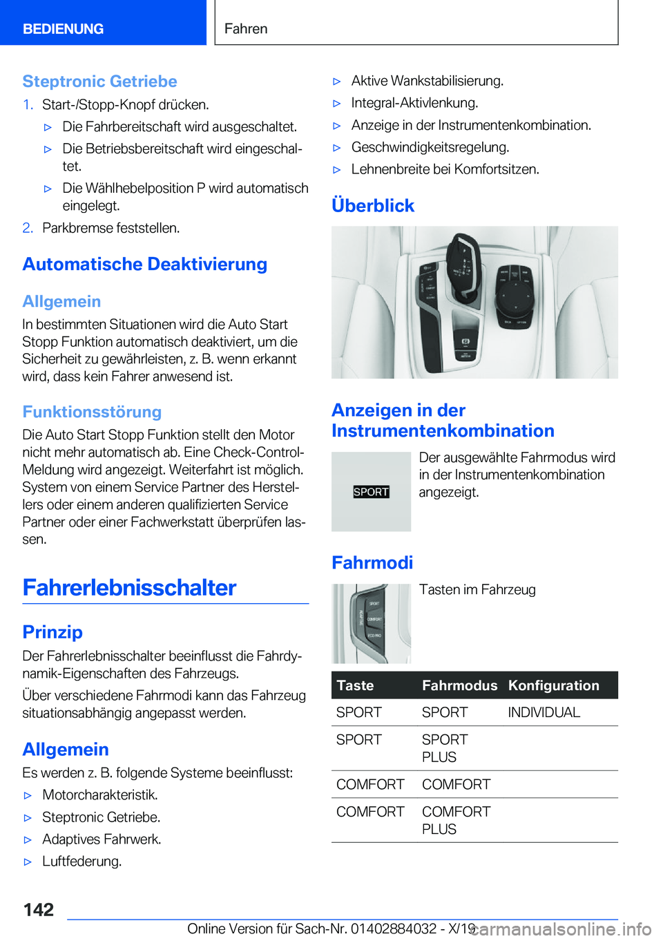 BMW 7 SERIES 2020  Betriebsanleitungen (in German) �S�t�e�p�t�r�o�n�i�c��G�e�t�r�i�e�b�e�1�.�S�t�a�r�t�-�/�S�t�o�p�p�-�K�n�o�p�f��d�r�