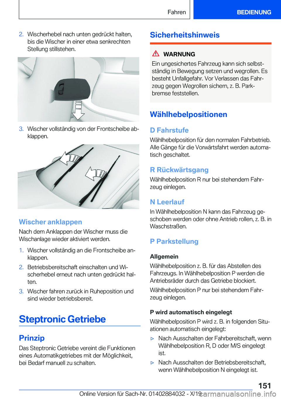 BMW 7 SERIES 2020  Betriebsanleitungen (in German) �2�.�W�i�s�c�h�e�r�h�e�b�e�l��n�a�c�h��u�n�t�e�n��g�e�d�r�