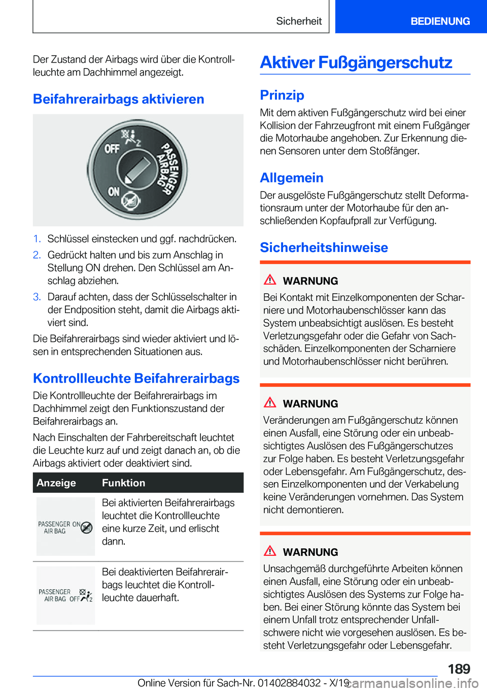 BMW 7 SERIES 2020  Betriebsanleitungen (in German) �D�e�r��Z�u�s�t�a�n�d��d�e�r��A�i�r�b�a�g�s��w�i�r�d��