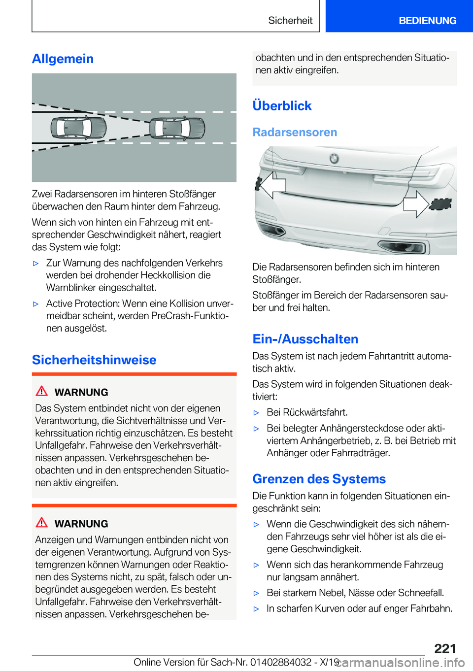 BMW 7 SERIES 2020  Betriebsanleitungen (in German) �A�l�l�g�e�m�e�i�n
�Z�w�e�i��R�a�d�a�r�s�e�n�s�o�r�e�n��i�m��h�i�n�t�e�r�e�n��S�t�o�