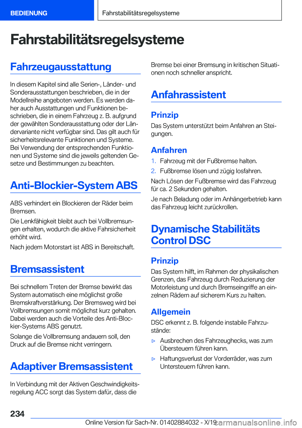 BMW 7 SERIES 2020  Betriebsanleitungen (in German) �F�a�h�r�s�t�a�b�i�l�i�t�