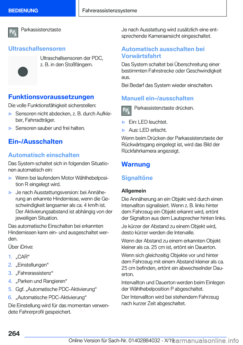 BMW 7 SERIES 2020  Betriebsanleitungen (in German) �P�a�r�k�a�s�s�i�s�t�e�n�z�t�a�s�t�e
�U�l�t�r�a�s�c�h�a�l�l�s�e�n�s�o�r�e�n �U�l�t�r�a�s�c�h�a�l�l�s�e�n�s�o�r�e�n��d�e�r��P�D�C�,
�z�.��B�.��i�n��d�e�n��S�t�o�