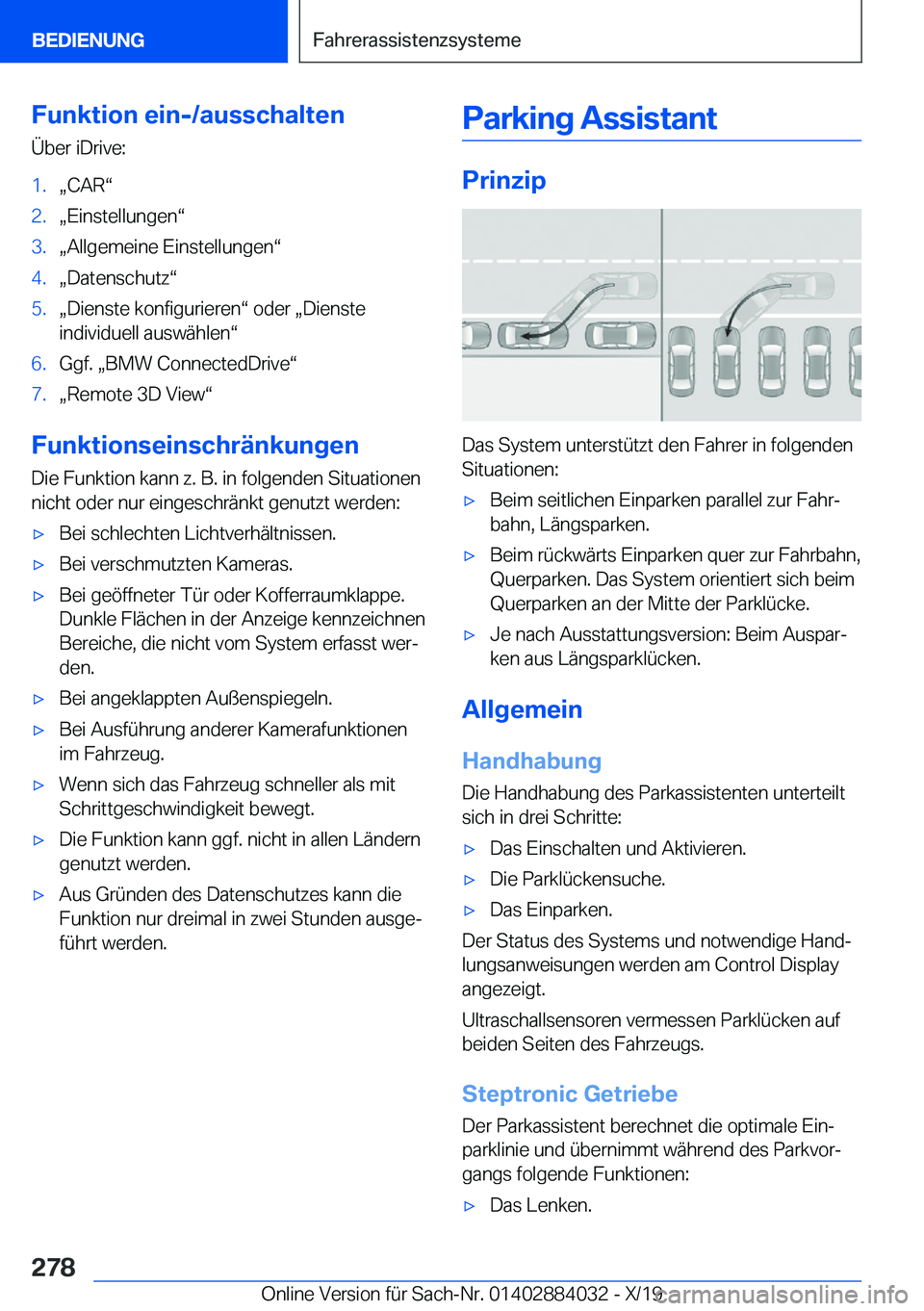 BMW 7 SERIES 2020  Betriebsanleitungen (in German) �F�u�n�k�t�i�o�n��e�i�n�-�/�a�u�s�s�c�h�a�l�t�e�n�