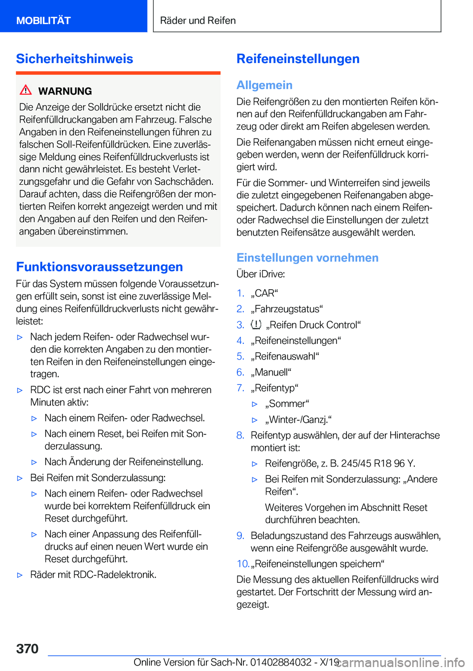 BMW 7 SERIES 2020  Betriebsanleitungen (in German) �S�i�c�h�e�r�h�e�i�t�s�h�i�n�w�e�i�s
�W�A�R�N�U�N�G
�D�i�e��A�n�z�e�i�g�e��d�e�r��S�o�l�l�d�r�