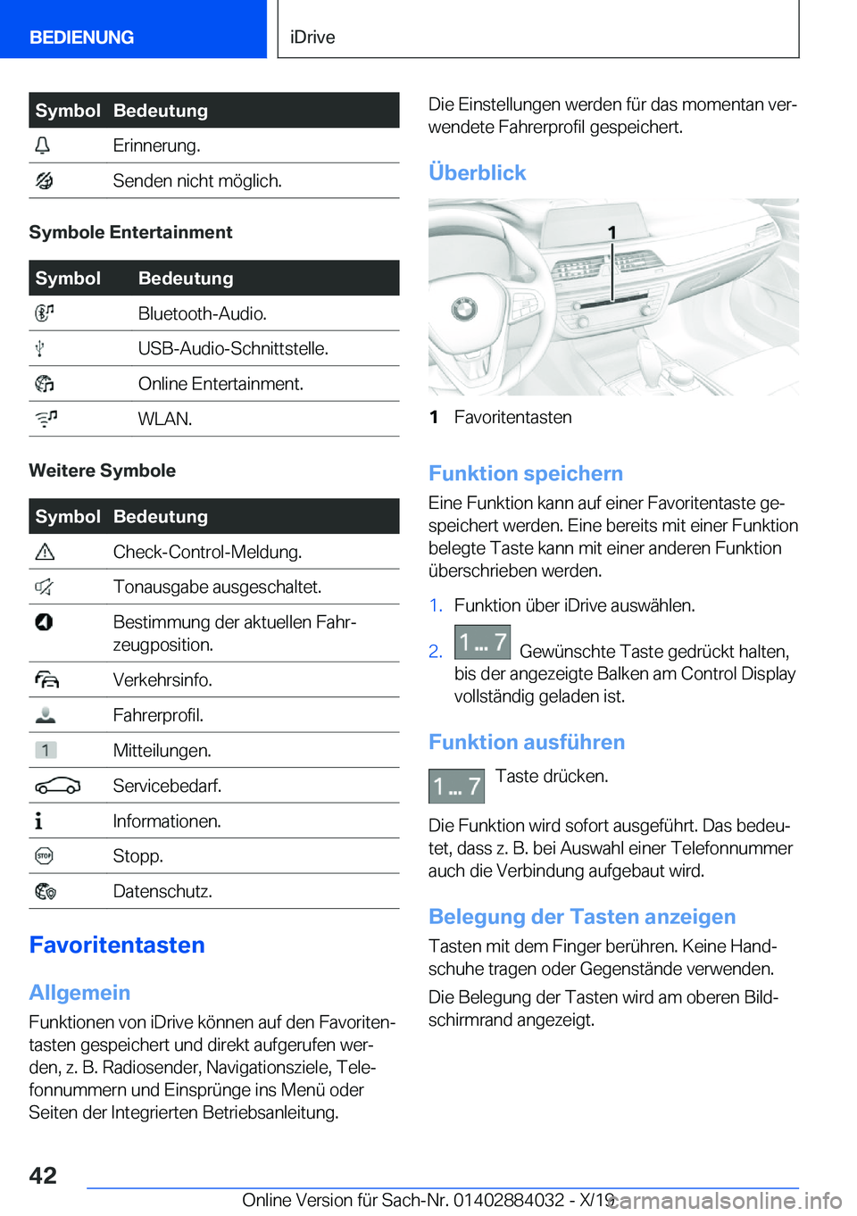 BMW 7 SERIES 2020  Betriebsanleitungen (in German) �S�y�m�b�o�l�B�e�d�e�u�t�u�n�g��E�r�i�n�n�e�r�u�n�g�.��S�e�n�d�e�n��n�i�c�h�t��m�