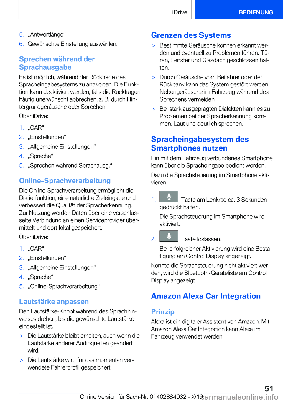BMW 7 SERIES 2020  Betriebsanleitungen (in German) �5�.x�A�n�t�w�o�r�t�l�