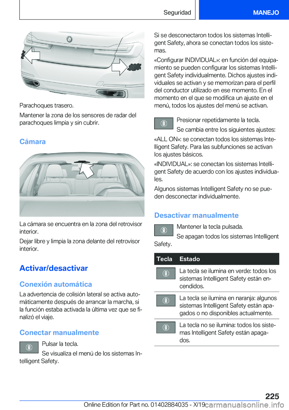 BMW 7 SERIES 2020  Manuales de Empleo (in Spanish) �P�a�r�a�c�h�o�q�u�e�s��t�r�a�s�e�r�o�.
�M�a�n�t�e�n�e�r��l�a��z�o�n�a��d�e��l�o�s��s�e�n�s�o�r�e�s��d�e��r�a�d�a�r��d�e�l
�p�a�r�a�c�h�o�q�u�e�s��l�i�m�p�i�a��y��s�i�n��c�u�b�r�i�r�.
�C�