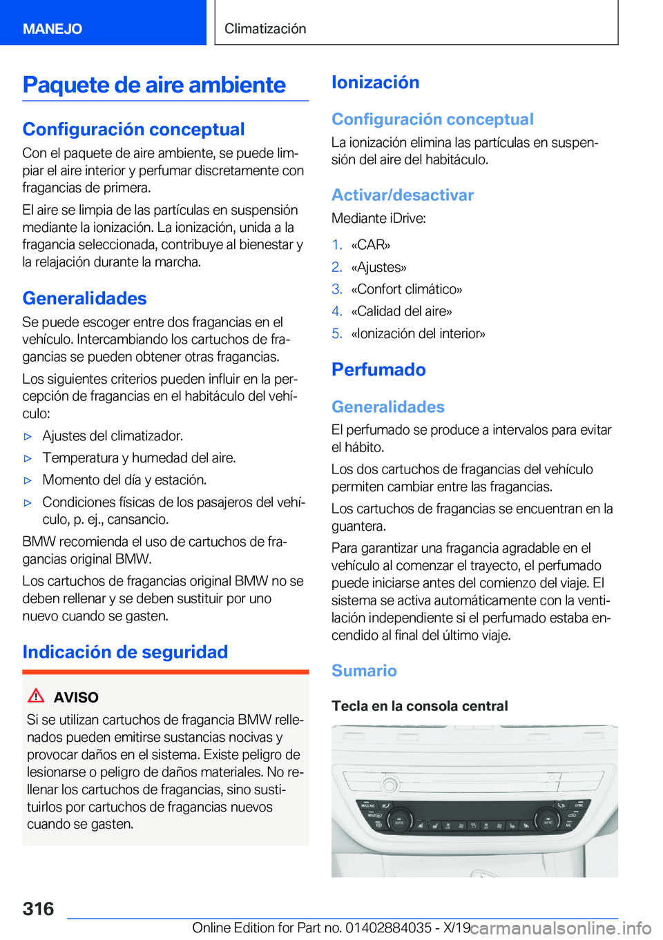 BMW 7 SERIES 2020  Manuales de Empleo (in Spanish) �P�a�q�u�e�t�e��d�e��a�i�r�e��a�m�b�i�e�n�t�e
�C�o�n�f�i�g�u�r�a�c�i�