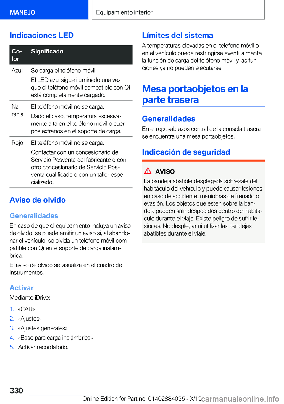 BMW 7 SERIES 2020  Manuales de Empleo (in Spanish) �I�n�d�i�c�a�c�i�o�n�e�s��L�E�D�C�oj
�l�o�r�S�i�g�n�i�f�i�c�a�d�o�A�z�u�l�S�e��c�a�r�g�a��e�l��t�e�l�