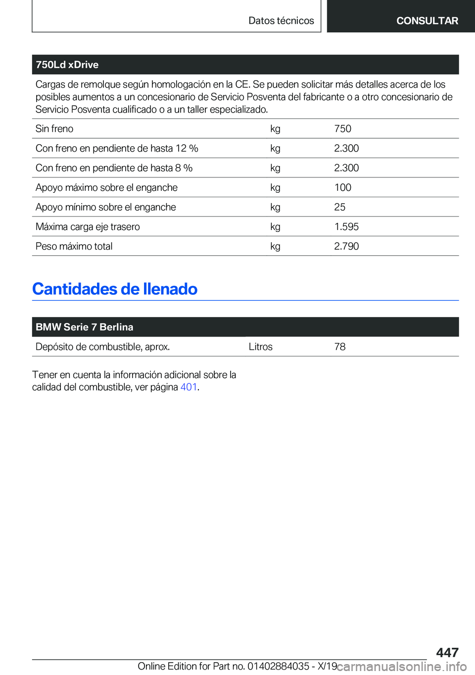 BMW 7 SERIES 2020  Manuales de Empleo (in Spanish) �7�5�0�L�d��x�D�r�i�v�e�C�a�r�g�a�s��d�e��r�e�m�o�l�q�u�e��s�e�g�