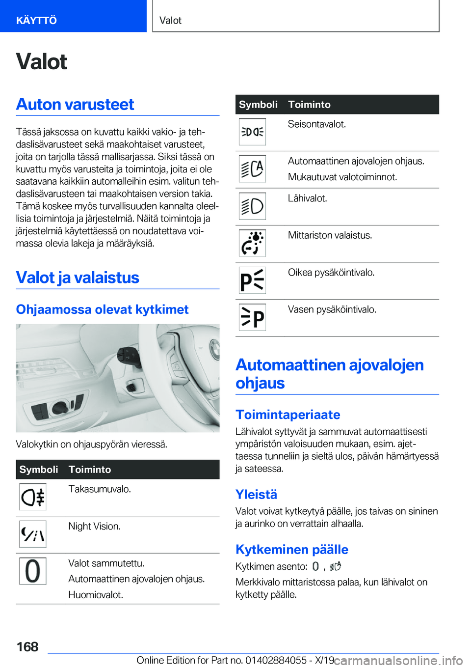 BMW 7 SERIES 2020  Omistajan Käsikirja (in Finnish) �V�a�l�o�t�A�u�t�o�n��v�a�r�u�s�t�e�e�t
�T�