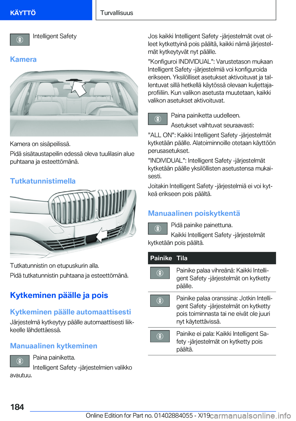 BMW 7 SERIES 2020  Omistajan Käsikirja (in Finnish) �I�n�t�e�l�l�i�g�e�n�t��S�a�f�e�t�y
�K�a�m�e�r�a
�K�a�m�e�r�a��o�n��s�i�s�