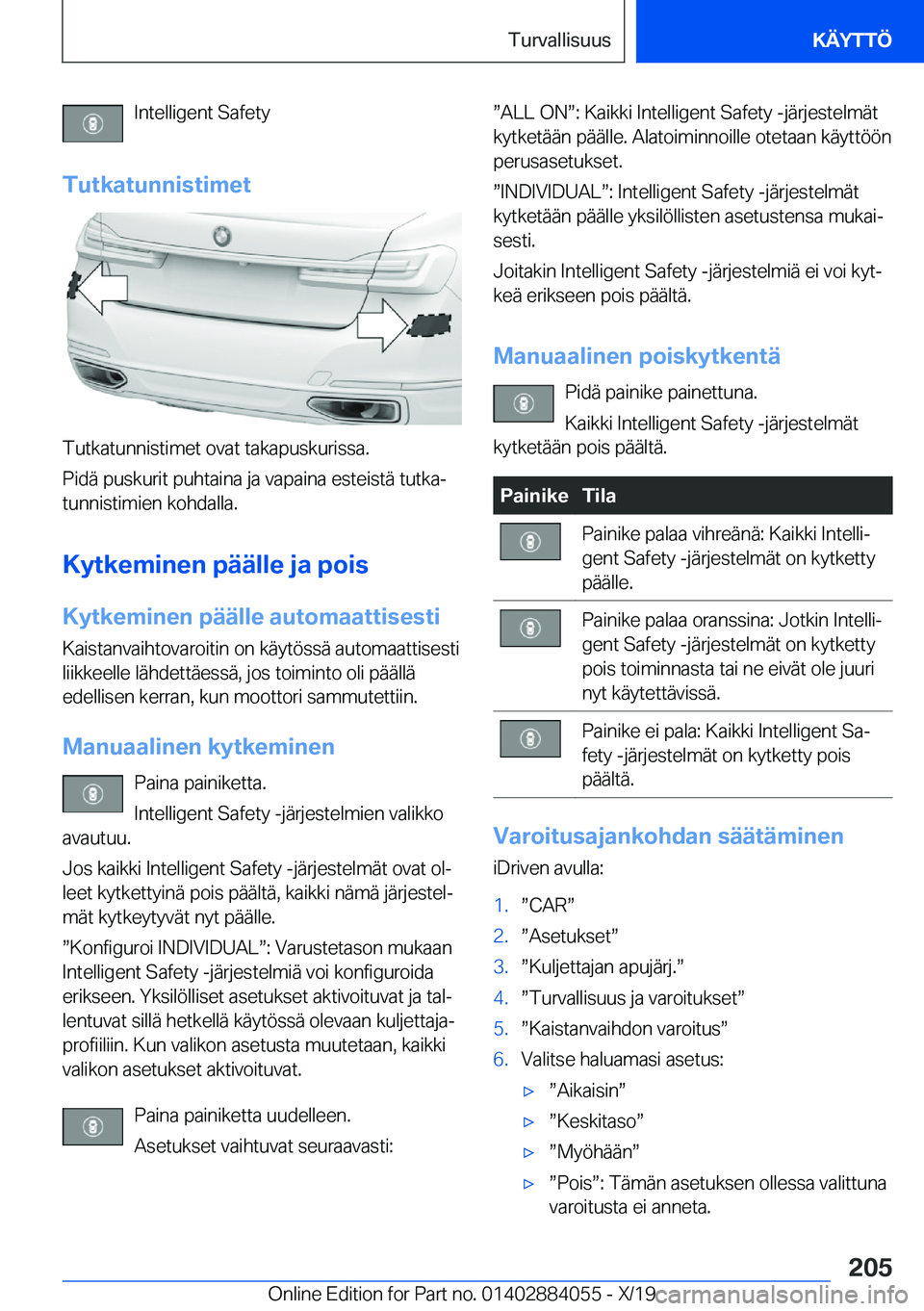 BMW 7 SERIES 2020  Omistajan Käsikirja (in Finnish) �I�n�t�e�l�l�i�g�e�n�t��S�a�f�e�t�y
�T�u�t�k�a�t�u�n�n�i�s�t�i�m�e�t
�T�u�t�k�a�t�u�n�n�i�s�t�i�m�e�t��o�v�a�t��t�a�k�a�p�u�s�k�u�r�i�s�s�a�.
�P�i�d�