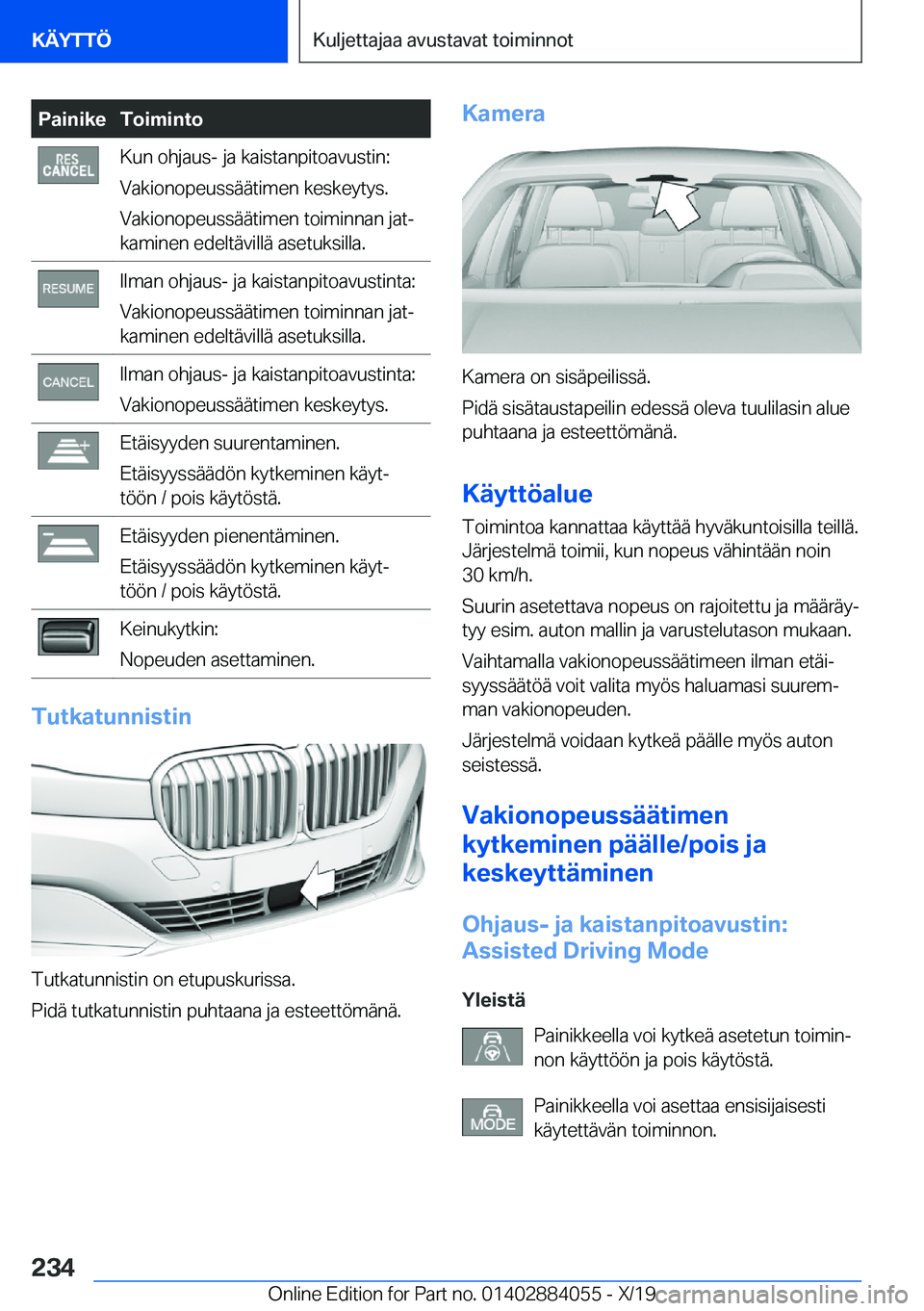 BMW 7 SERIES 2020  Omistajan Käsikirja (in Finnish) �P�a�i�n�i�k�e�T�o�i�m�i�n�t�o�K�u�n��o�h�j�a�u�s�-��j�a��k�a�i�s�t�a�n�p�i�t�o�a�v�u�s�t�i�n�:
�V�a�k�i�o�n�o�p�e�u�s�s�