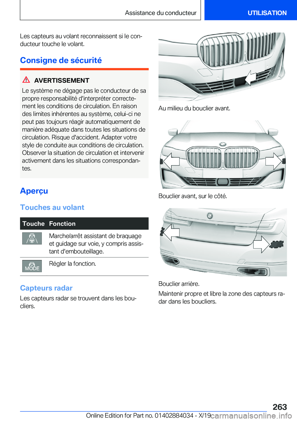 BMW 7 SERIES 2020  Notices Demploi (in French) �L�e�s��c�a�p�t�e�u�r�s��a�u��v�o�l�a�n�t��r�e�c�o�n�n�a�i�s�s�e�n�t��s�i��l�e��c�o�nj�d�u�c�t�e�u�r��t�o�u�c�h�e��l�e��v�o�l�a�n�t�.
�C�o�n�s�i�g�n�e��d�e��s�é�c�u�r�i�t�é
�A�V�E�R�T�I