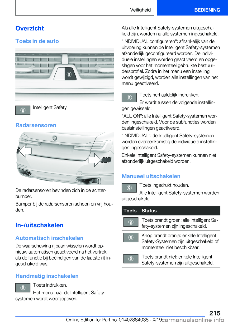 BMW 7 SERIES 2020  Instructieboekjes (in Dutch) �O�v�e�r�z�i�c�h�t�T�o�e�t�s��i�n��d�e��a�u�t�o
�I�n�t�e�l�l�i�g�e�n�t��S�a�f�e�t�y
�R�a�d�a�r�s�e�n�s�o�r�e�n
�D�e��r�a�d�a�r�s�e�n�s�o�r�e�n��b�e�v�i�n�d�e�n��z�i�c�h��i�n��d�e��a�c�h�t�e�