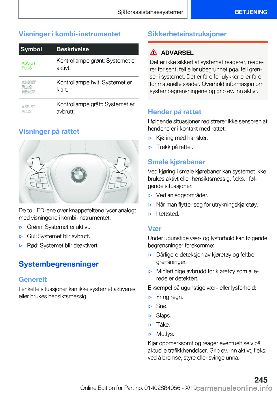 BMW 7 SERIES 2020  InstruksjonsbØker (in Norwegian) �V�i�s�n�i�n�g�e�r��i��k�o�m�b�i�-�i�n�s�t�r�u�m�e�n�t�e�t�S�y�m�b�o�l�B�e�s�k�r�i�v�e�l�s�e�K�o�n�t�r�o�l�l�a�m�p�e��g�r�