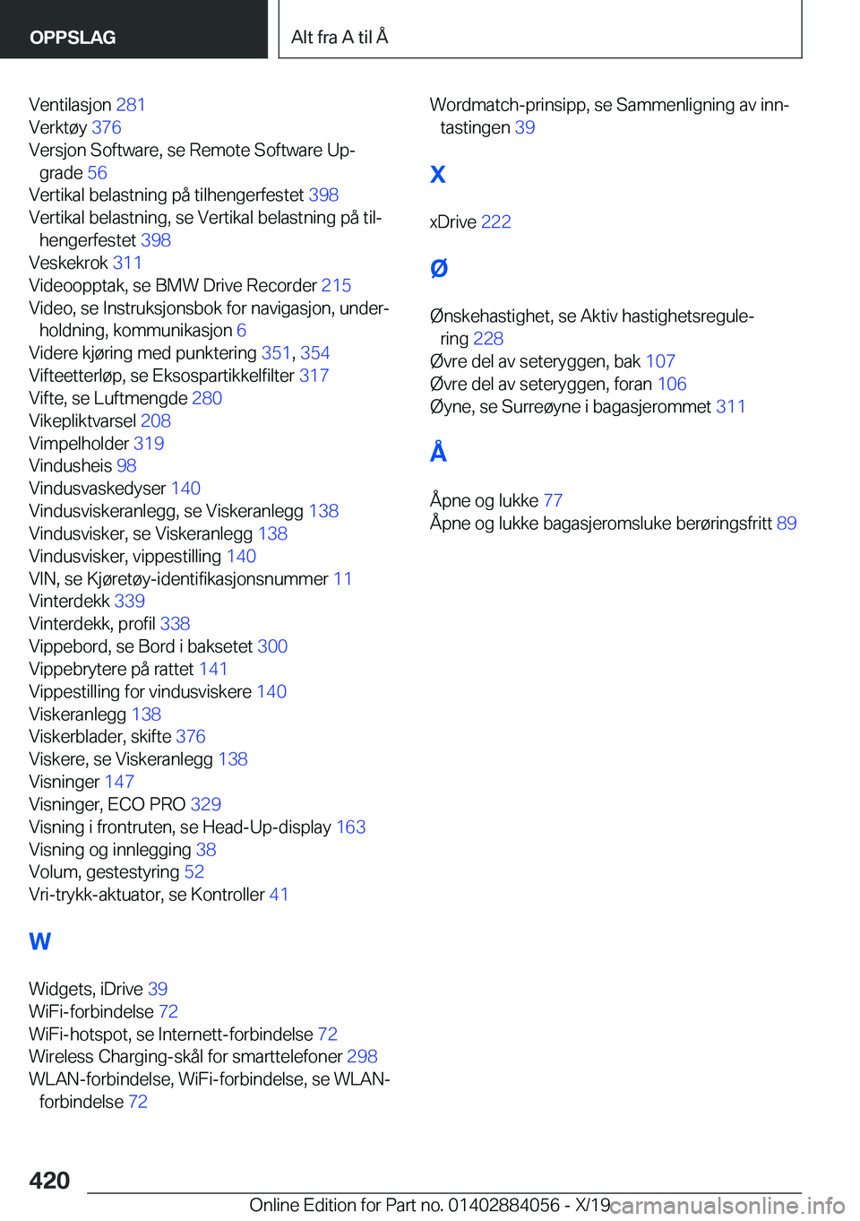BMW 7 SERIES 2020  InstruksjonsbØker (in Norwegian) �V�e�n�t�i�l�a�s�j�o�n��2�8�1�
�V�e�r�k�t�