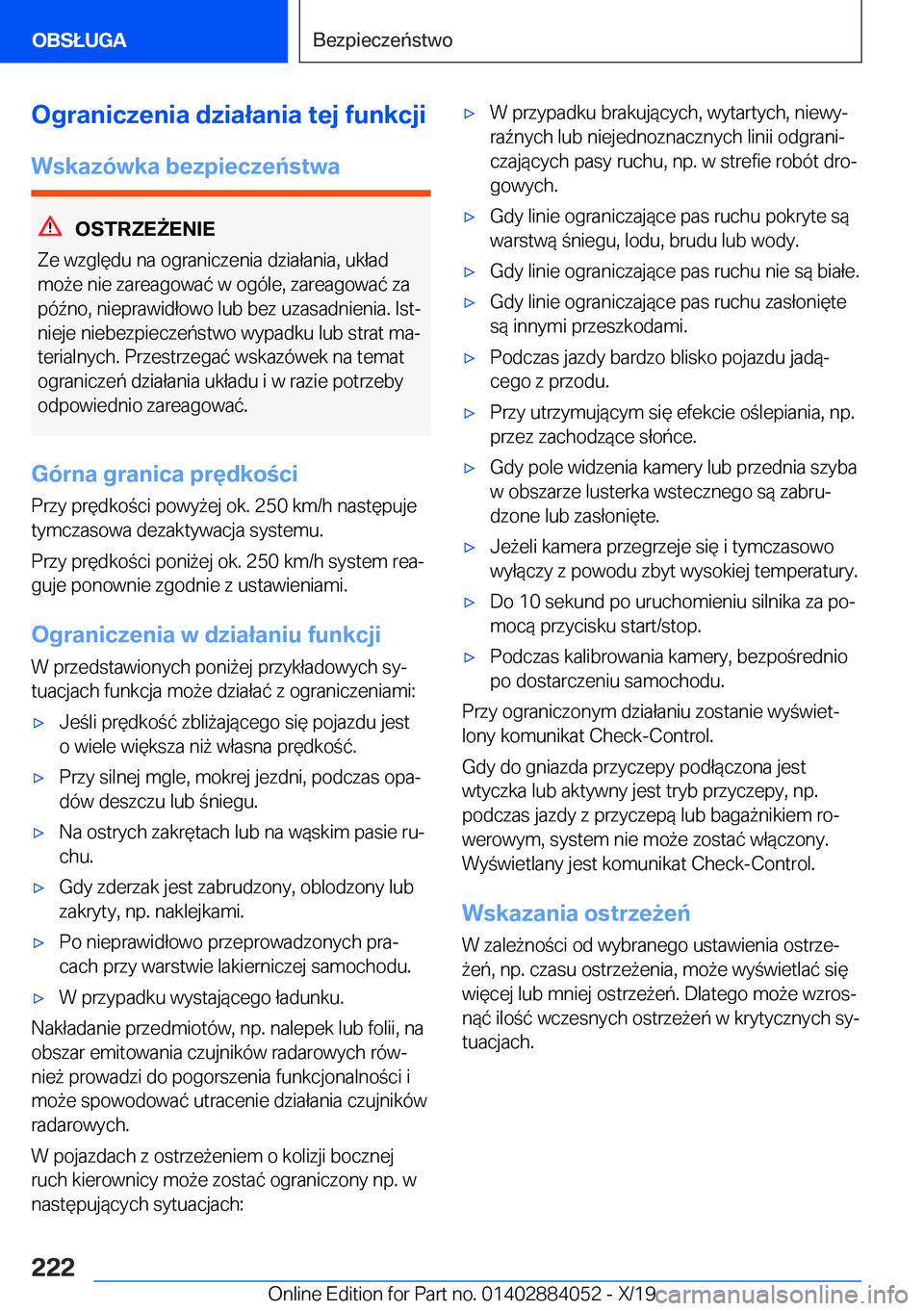 BMW 7 SERIES 2020  Instrukcja obsługi (in Polish) �O�g�r�a�n�i�c�z�e�n�i�a��d�z�i�a�ł�a�n�i�a��t�e�j��f�u�n�k�c�j�i�W�s�k�a�z�