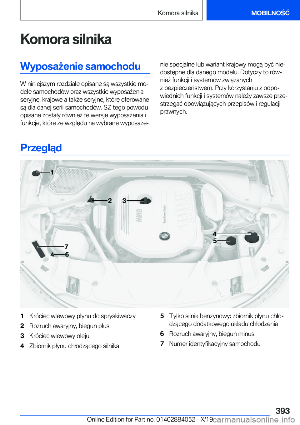 BMW 7 SERIES 2020  Instrukcja obsługi (in Polish) �K�o�m�o�r�a��s�i�l�n�i�k�a�W�y�p�o�s�a9�e�n�i�e��s�a�m�o�c�h�o�d�u
�W��n�i�n�i�e�j�s�z�y�m��r�o�z�d�z�i�a�l�e��o�p�i�s�a�n�e��s�