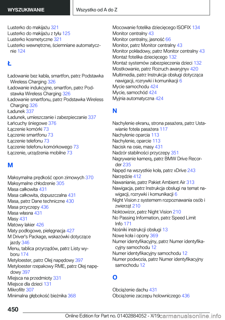 BMW 7 SERIES 2020  Instrukcja obsługi (in Polish) �L�u�s�t�e�r�k�o��d�o��m�a�k�i�j�a9�u��3�2�1�
�L�u�s�t�e�r�k�o��d�o��m�a�k�i�j�a9�u��z��t�y�ł�u� �1�2�5�
�L�u�s�t�e�r�k�o��k�o�s�m�e�t�y�c�z�n�e� �3�2�1�
�L�u�s�t�e�r�k�o��w�e�w�n�