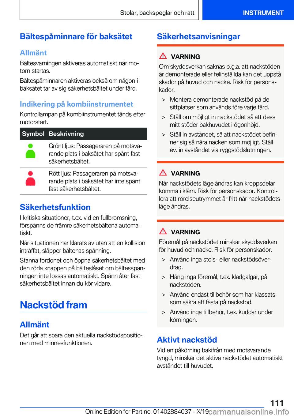 BMW 7 SERIES 2020  InstruktionsbÖcker (in Swedish) �B�ä�l�t�e�s�p�å�m�i�n�n�a�r�e��f�