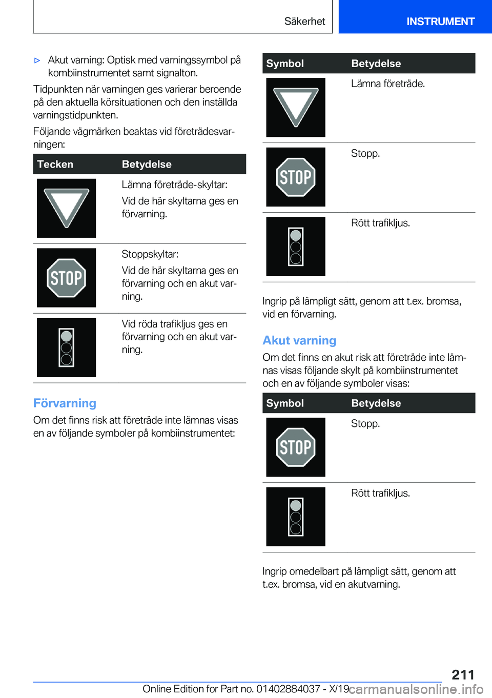 BMW 7 SERIES 2020  InstruktionsbÖcker (in Swedish) 'x�A�k�u�t��v�a�r�n�i�n�g�:��O�p�t�i�s�k��m�e�d��v�a�r�n�i�n�g�s�s�y�m�b�o�l��p�å�k�o�m�b�i�i�n�s�t�r�u�m�e�n�t�e�t��s�a�m�t��s�i�g�n�a�l�t�o�n�.
�T�i�d�p�u�n�k�t�e�n��n�ä�r��v�a�r�n�i�