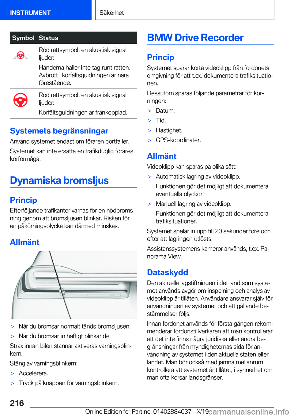BMW 7 SERIES 2020  InstruktionsbÖcker (in Swedish) �S�y�m�b�o�l�S�t�a�t�u�s�R�