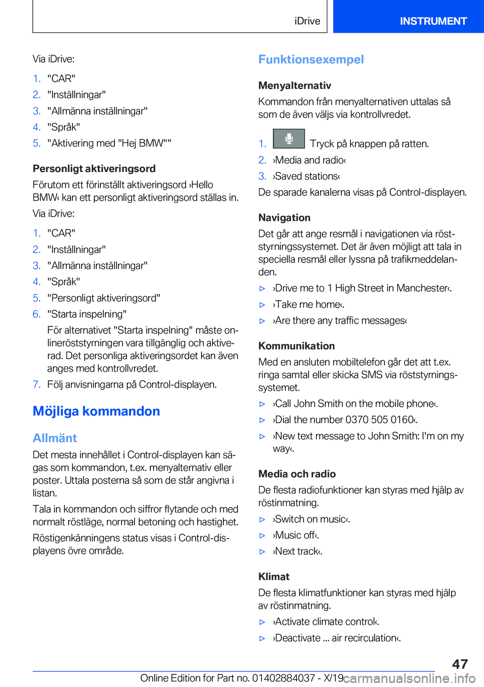 BMW 7 SERIES 2020  InstruktionsbÖcker (in Swedish) �V�i�a��i�D�r�i�v�e�:�1�.��C�A�R��2�.��I�n�s�t�ä�l�l�n�i�n�g�a�r��3�.��A�l�l�m�ä�n�n�a��i�n�s�t�ä�l�l�n�i�n�g�a�r��4�.��S�p�r�å�k��5�.��A�k�t�i�v�e�r�i�n�g��m�e�d���H�e�j��B�M�W��