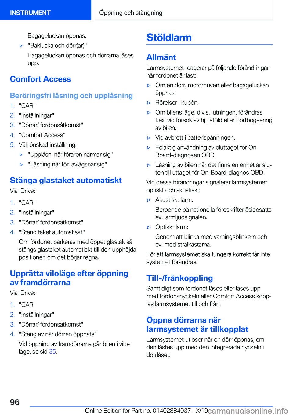BMW 7 SERIES 2020  InstruktionsbÖcker (in Swedish) �B�a�g�a�g�e�l�u�c�k�a�n��