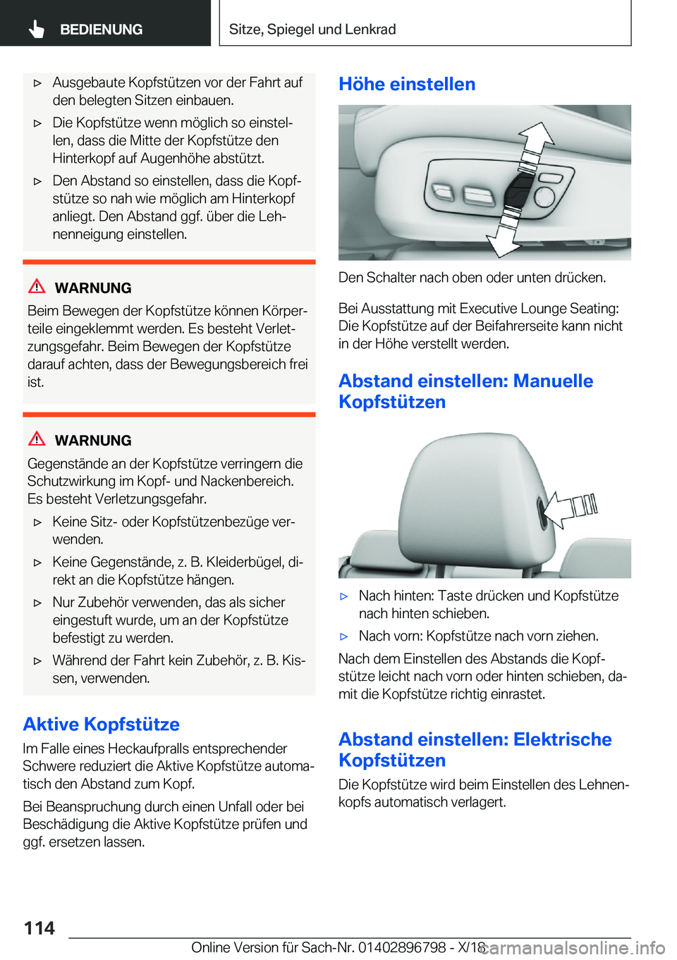 BMW 7 SERIES 2019  Betriebsanleitungen (in German) 'x�A�u�s�g�e�b�a�u�t�e��K�o�p�f�s�t�