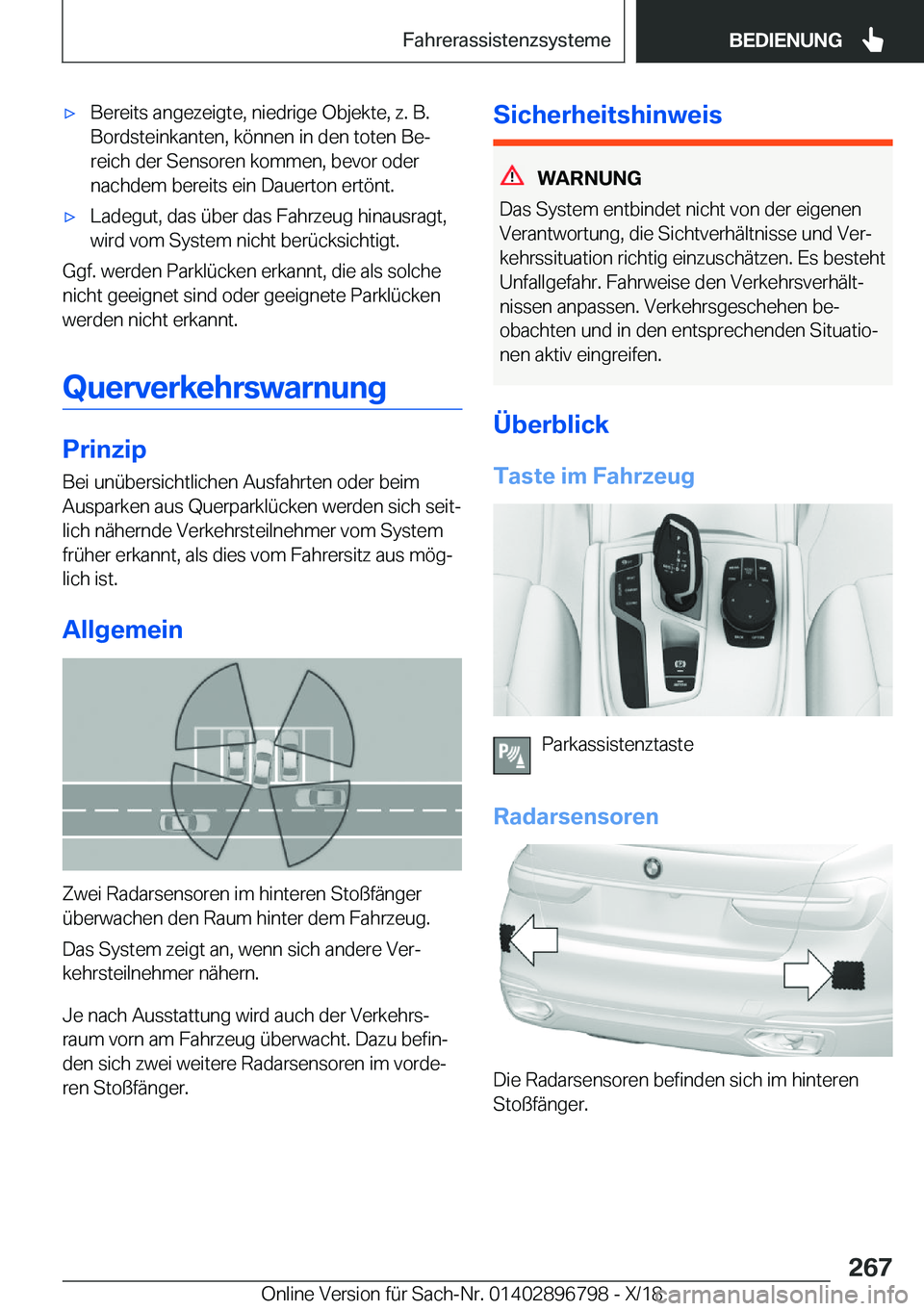 BMW 7 SERIES 2019  Betriebsanleitungen (in German) 'x�B�e�r�e�i�t�s��a�n�g�e�z�e�i�g�t�e�,��n�i�e�d�r�i�g�e��O�b�j�e�k�t�e�,��z�.��B�.�B�o�r�d�s�t�e�i�n�k�a�n�t�e�n�,��k�