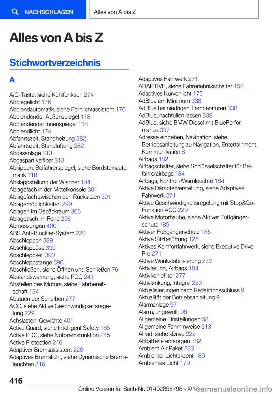 BMW 7 SERIES 2019  Betriebsanleitungen (in German) �A�l�l�e�s��v�o�n��A��b�i�s��Z
�S�t�i�c�h�w�o�r�t�v�e�r�z�e�i�c�h�n�i�s�A �A�/�C�-�T�a�s�t�e�,��s�i�e�h�e��K�
