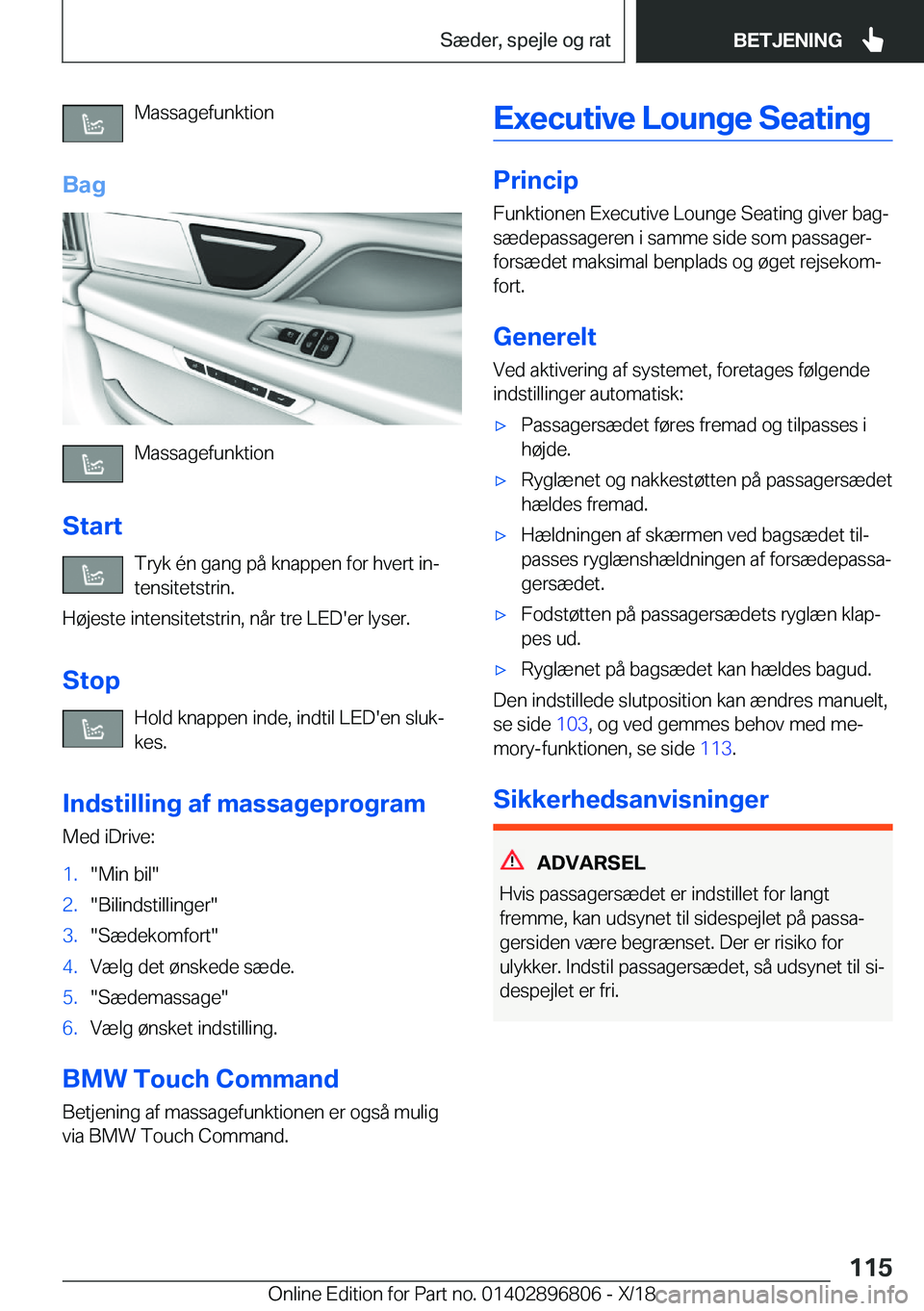 BMW 7 SERIES 2019  InstruktionsbØger (in Danish) �M�a�s�s�a�g�e�f�u�n�k�t�i�o�n
�B�a�g
�M�a�s�s�a�g�e�f�u�n�k�t�i�o�n
�S�t�a�r�t �T�r�y�k��