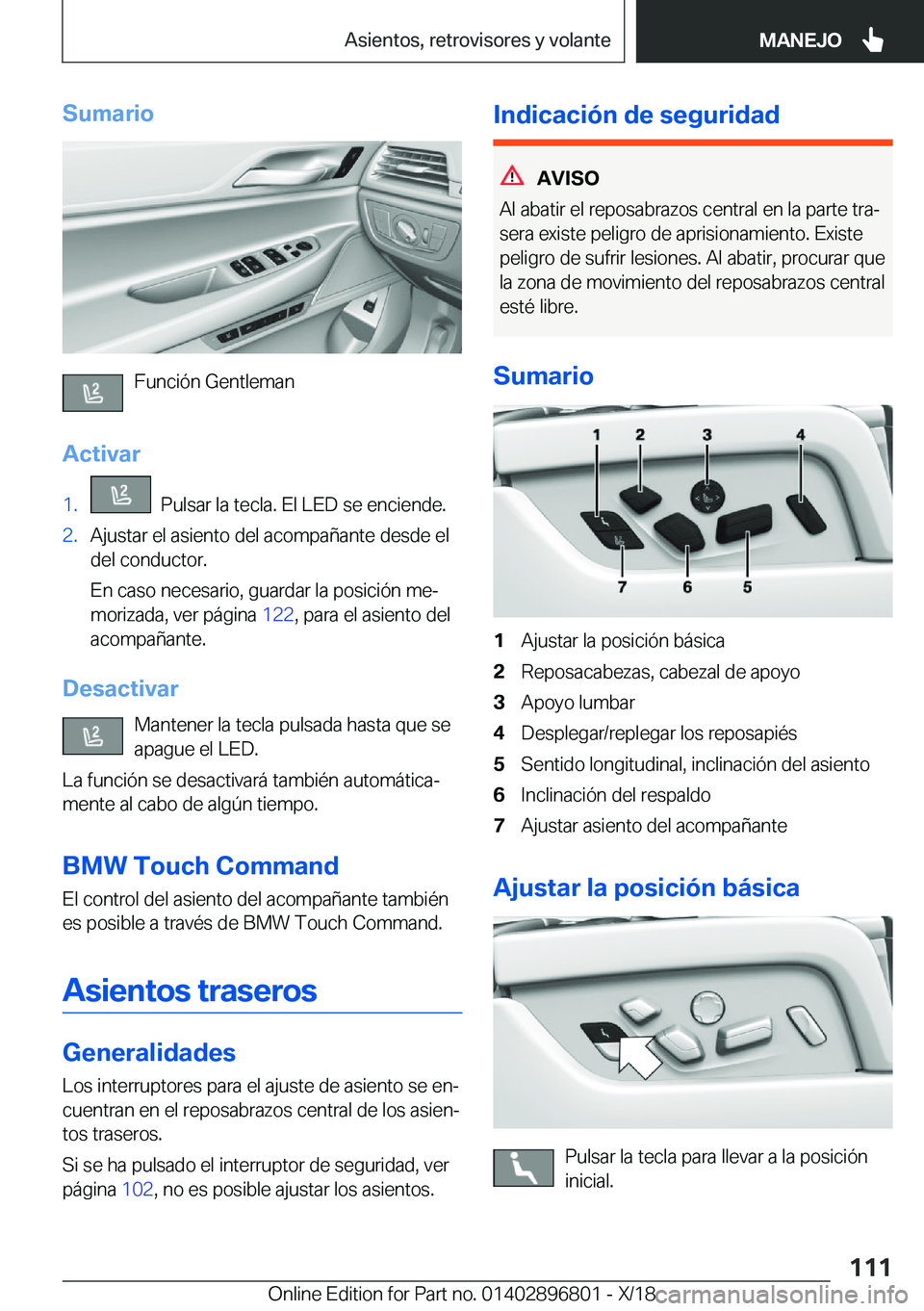 BMW 7 SERIES 2019  Manuales de Empleo (in Spanish) �S�u�m�a�r�i�o
�F�u�n�c�i�