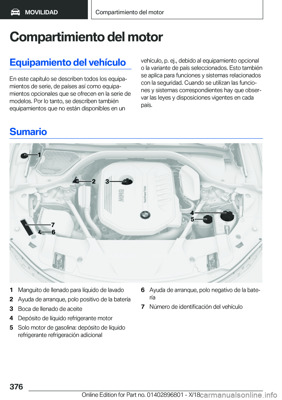 BMW 7 SERIES 2019  Manuales de Empleo (in Spanish) �C�o�m�p�a�r�t�i�m�i�e�n�t�o��d�e�l��m�o�t�o�r�E�q�u�i�p�a�m�i�e�n�t�o��d�e�l��v�e�h�