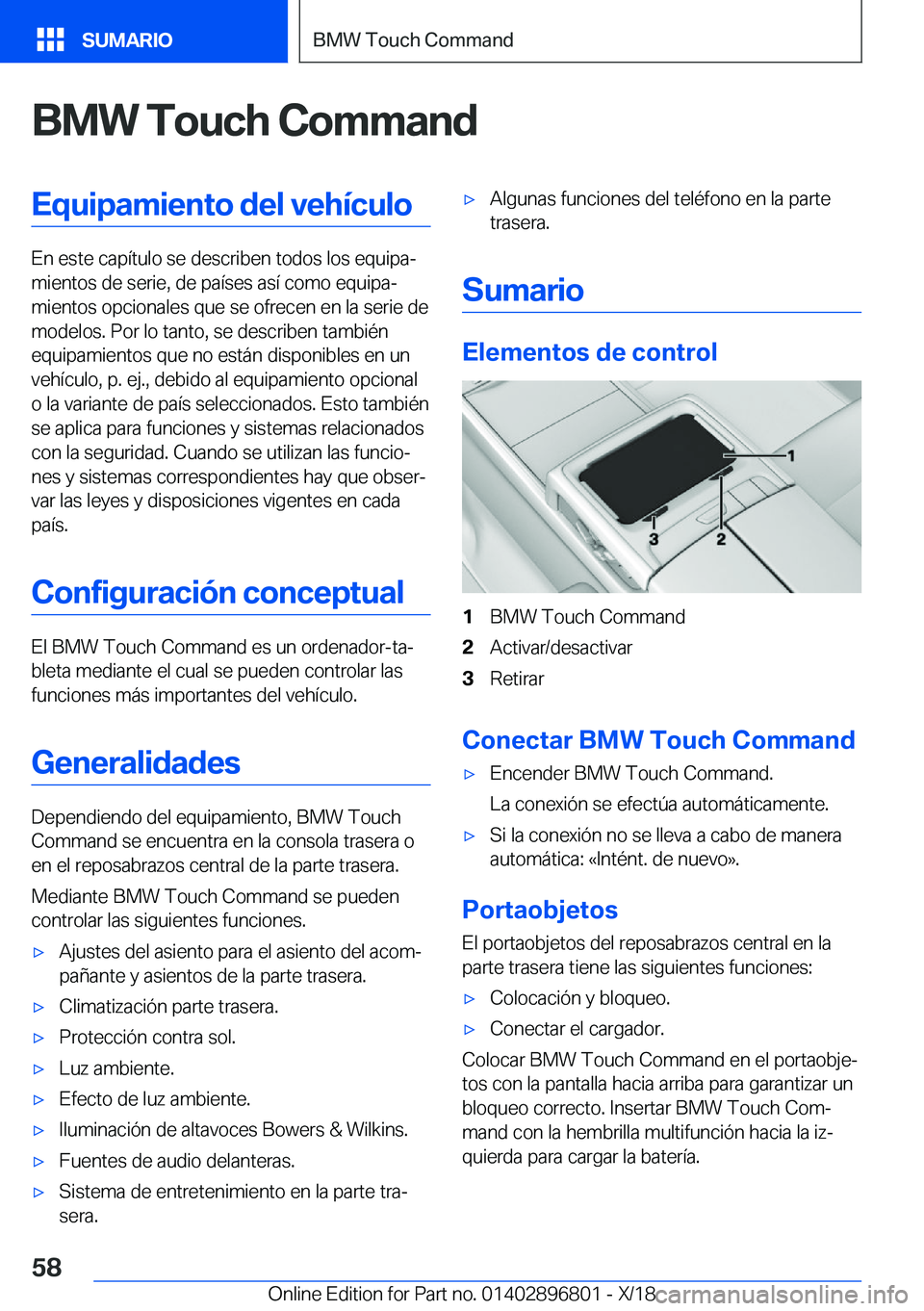 BMW 7 SERIES 2019  Manuales de Empleo (in Spanish) �B�M�W��T�o�u�c�h��C�o�m�m�a�n�d�E�q�u�i�p�a�m�i�e�n�t�o��d�e�l��v�e�h�
